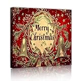 ヴィンテージオーバルゴールドクリスマスリースキャンバスウォールアートクリスマスベル弓写真プリント冬カントリールームリビングルーム装飾50x50cmインナーフレーム