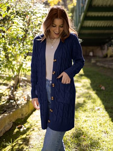Image of PRETTYGARDEN Long Sleeve Cable Knit Long Cardigan for Women 2026 Spring Winter Chunky Open Front Button Sweaters with Pockets
