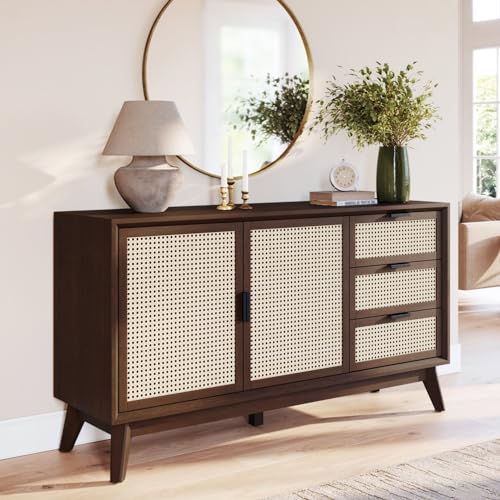 Image of Bme Rattan Pre-Assembled Buffet Sideboard with 3 Drawers & 2 Doors, 58 inch Accent Console Table Living Room, Kitchen, Dining, Walnut, Jasper Storage Cabinet