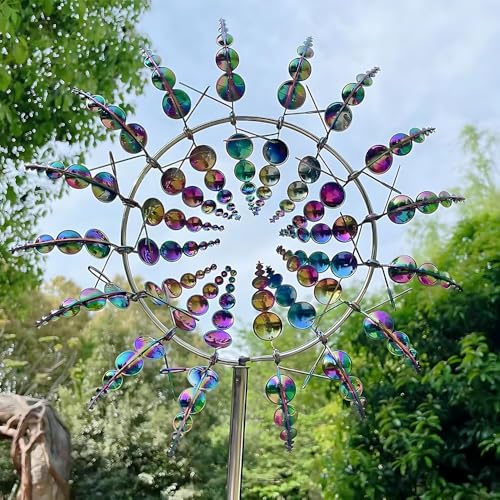 Magische Windmühle Aus Metall HOVCEH Upgraded Rostschutz Windspiele für Draußen Stehend 3D 360 Dual Rotors Kinetische Windspiel Metall für Draußen Hof Patio Rasen und Garten