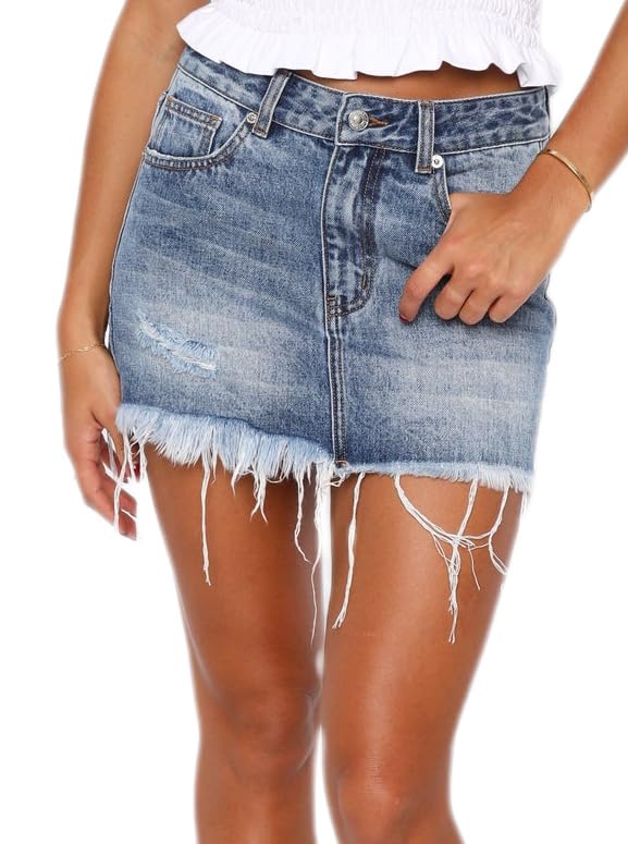 Just Quella Women's Mid Rise No Stretch Fringed Jean Skirt Mid Weight Denim Washed Vintage Mini Skirt