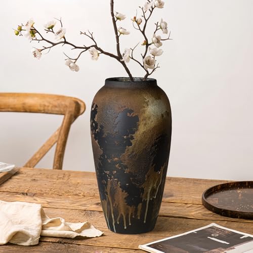 JIDOFUE Schwarze rustikale Keramik Vase Blume Vintage Vase,34cm/13.4 Zoll Keramik Terrakotta Hoher Boden Bauernhaus Rustikal für Minimalismus Home Decor Mittelstück Wohnzimmer Schlafzimmer
