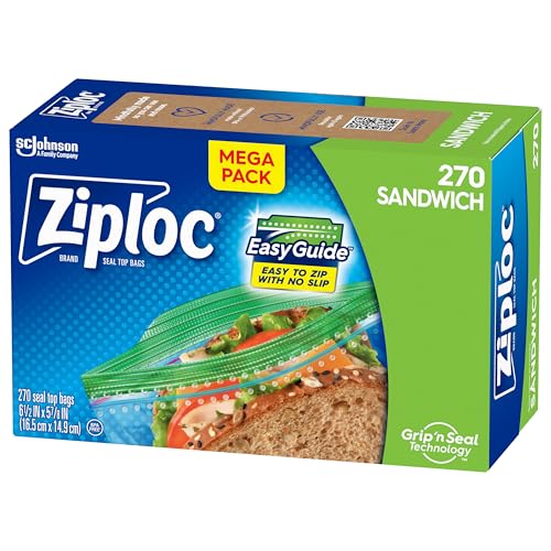 Ziploc Sandwich and Snack Bags with EasyGuide Texture, Plastic Storage Bags with Grip 'n Seal Technology, 270 Bags Total (Packaging May Vary)