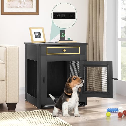 DWVO Dog Kennel Furniture with Dual USB Charger, Dog Crate End Table with Tray, Wooden Dog Crate Furniture with Cushion for Small Dogs, Black - Image 5