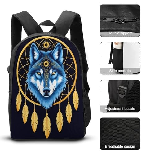 Casual Lightweight Boho Totem Native American Wolf Dream Catcher Backpack for Adults, Pencil Pouch Easy to Clean, Lunch Bag with Adjustable Shoulder Strap3