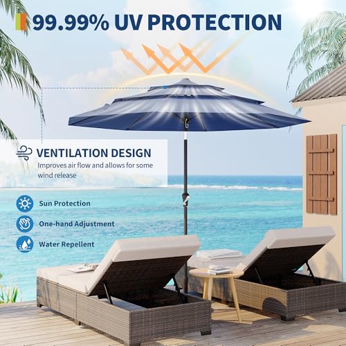 9Ft 3 Tiers Market Umbrella Outdoor, 3 Tiers Heavy Duty Patio Umbrella 8 Ribs, Outdoor Market Table Umbrellas with Ventilation and Hand Crank