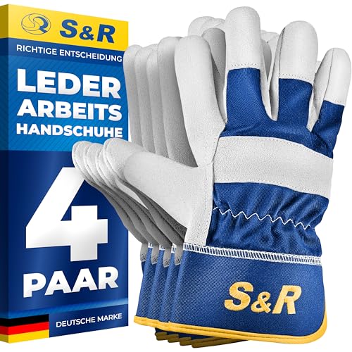 S&R Leder-Arbeitshandschuhe, 4 Paar, Größe XL/10, Bau- und Gartenhandschuhe auch für Metall- und Forstarbeiten, Handwerk, Schutz-Handschuh flexibles Echtleder, weiches Innenfutter