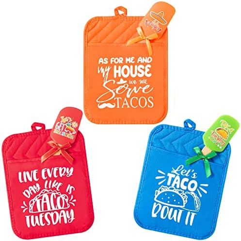 R HORSE 6Pcs Mexican Taco Appreciation Gifts Set Colorful Pot Holders with Silicone Spatula Fiesta Heat Resistant Oven Mitts Kitchen Baking Pot Holder for Fiesta Mexican Baking Cooking Decorations