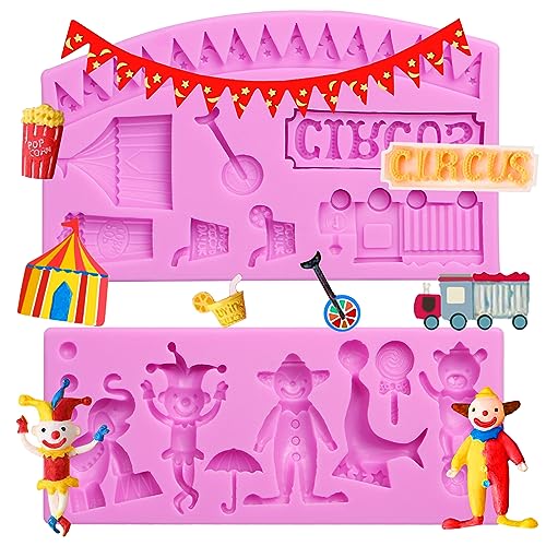 Moldes de silicona para fondant de circo, moldes de chocolate con diseño de oso de elefante y payaso para decoración de pasteles temáticos de circo, decoración de cupcakes para fiesta de cumpleaños