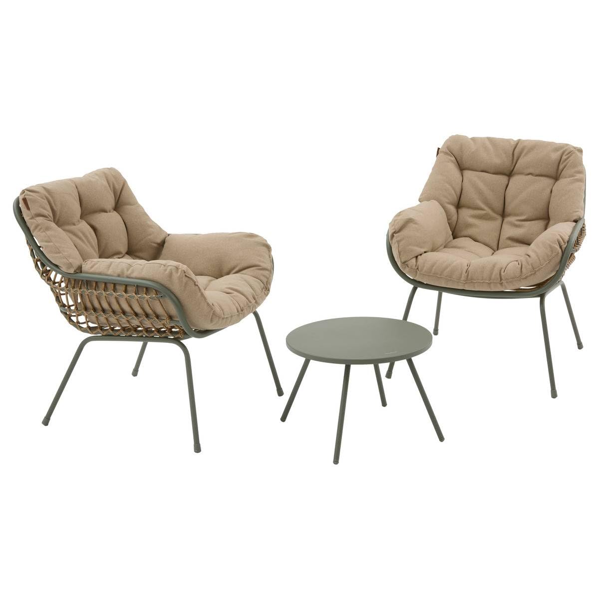 Hespéride - Set da Giardino Paopao a 3 Pezzi - Alloro, Resina Intrecciata, Acciaio Inossidabile, Cuscini Inclusi - per Balcone, Terrazzo, Piccoli Spazi