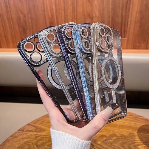 Sakanana iPhone 15 用 ケース キラキラ クリア Magsafe対応 ラインストーン カメラレンズ保護 ラメ おしゃれ 可愛い ソフト シンプル マグネット搭載 ワイヤレス充電対応 耐衝撃 黄ばみなし 軽量 薄型 ストラップホール付き（iPhone15,ピンク）