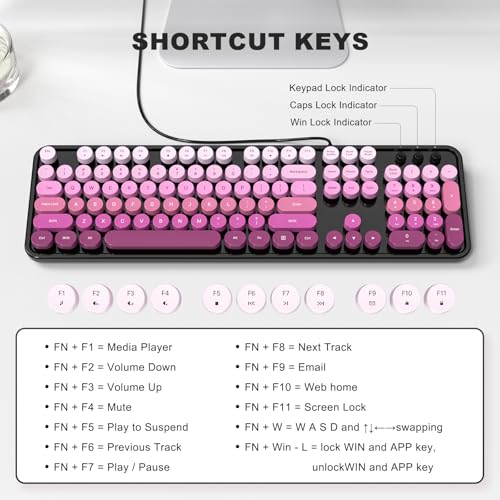 Image of Atelus Computer Keyboard Wired, Retro USB Keyboard with Large Number Pad, Caps Indicators, Foldable Stands, Full Size Typewriter Keyboard for Windows PC Laptop (Black Pink)