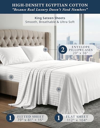 Image of LANE LINEN Striped Sheets Set - 100% Egyptian Cotton 4 Piece Bed for King Size Hotel Bedding & Pillowcases 16 inch Deep Pocket (Fits Upto 17 inch Mattress) White
