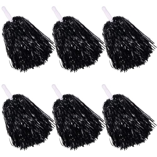 yzhweln 6 Pcs Black Cheerleading Pom Poms - School Spirit Shakers Metallic Foil Cheering Pompoms Cheer Pom with Baton Handle Plastic Squad for Adults Team Spirit Sports Party Cheering (6 Black)