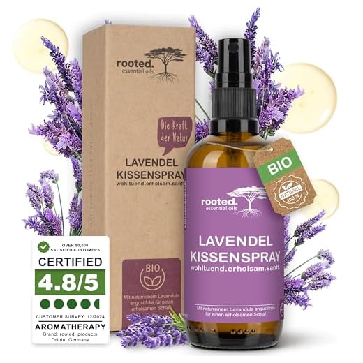 rooted.® Spray de Lavanda 100ml – 100% Aceite Esencial de Lavanda Orgánica - Relajante, calmante y suave – Spray premium para almohada y sueño para noches reparadoras