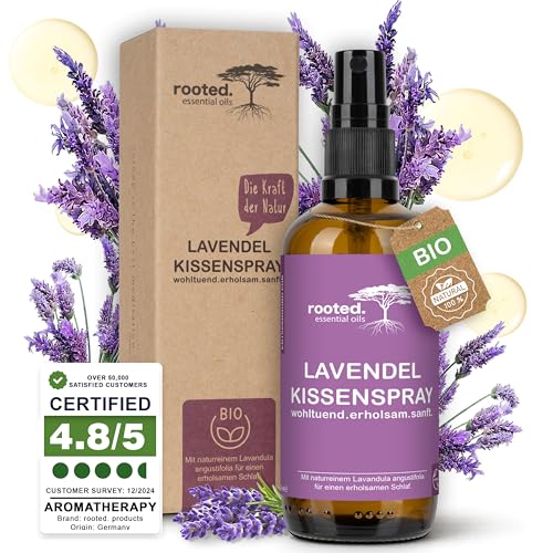rooted.® Spray de Lavanda 100ml – 100% Aceite Esencial de Lavanda Orgánica - Relajante, calmante y suave – Spray premium para almohada y sueño para noches reparadoras