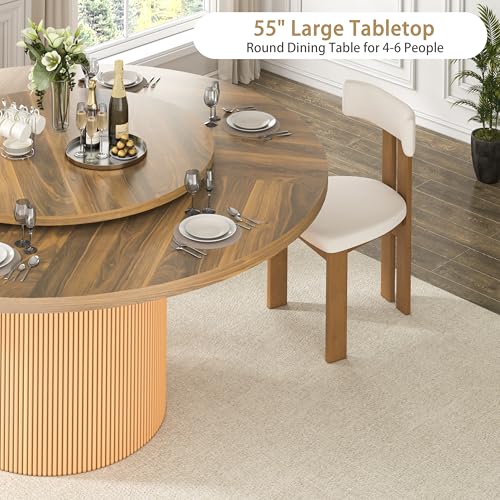 Image of 55 inch Round Dining Table for 4-6 People, Modern Farmhouse Dining Kitchen Table with Fluted Cylindrical Pedestal Base for Dining Room, Living Room, Kitchen, 360 Rotating(Chairs Not Included)