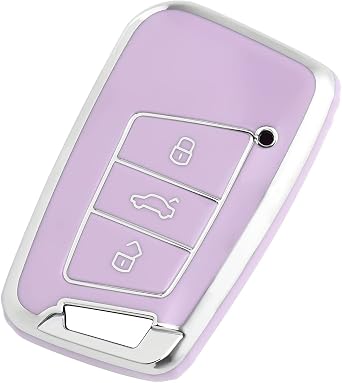 OFFCURVE for Volkswagen Key Fob Cover Soft TPU Key Fob Case Full Protector for 3 Buttons Key Fob Jetta Beetle Tiguan Passat Golf MK6 Polo | TPU Full Protective Car Key Cover Case Fit for VW Skoda Kodiaq Superb A7 3 Button Smart Remote Key, Purple