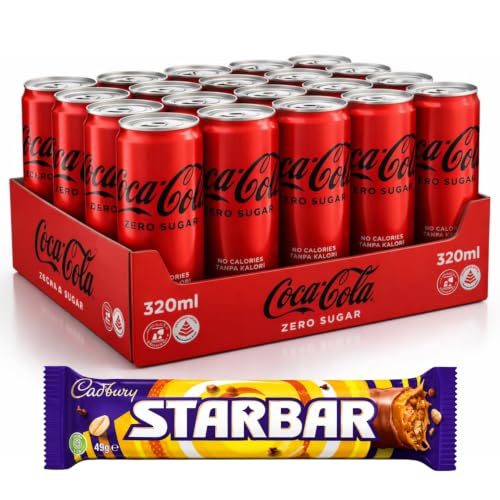 COCA COLA - Zero Sugar Soft Drink Cans (320ml x 24 Pack) By COUGAR | Refreshing Carbonated Beverage with Classic Cola Taste | No Sugar No Calories Drink for Parties, Meals & Daily Refreshment | FREE 1 Cadbury Starbar – (Imported-Malaysia)