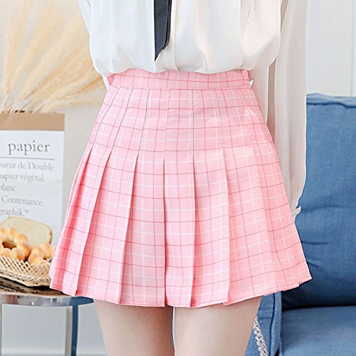Women Girls Juniors Japan School Uniform Skirts with Shorts Inside Vintage Pleated A-line Midi Skirts (Pink, S)