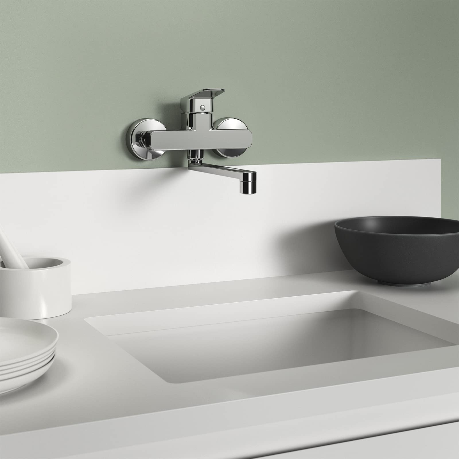 Ideal Standard – Ceraplan Wand-Küchenarmatur, Ausladung 238 mm, mit FirmaFlow Kartusche, Schwenkbereich 180°, Aufputz, verstellbare S-Anschlüsse, Chrom