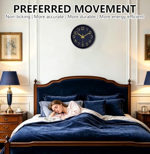 Image of 14Inch Navy Blue Silent Wall Clock Battery Operated Clocks for Home | Non-ticking Analog Clock with Tempered Glass & Large Numbers, Wall Clocks for Living Room, Bedroom, Office and Kitchen Decor
