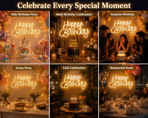 Image of Quace Happy Birthday LED Neon Sign, Warm White Neon Light for Birthday Decoration, Wall Hanging & Table Display, Acrylic LED Party Light with Adapter, 40.6 x 20.3 cm for Home, Events & Photo Backdrop