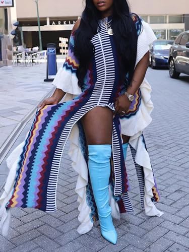 XZLUFNY Women's Striped Ruffle Knitted Sleeveless High Split Hem Loose Maxi Dress3