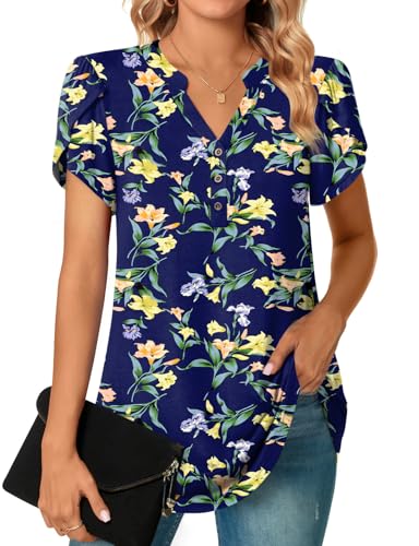 POPYOUNG Womens Plus Size Business Summer Henley Tunic Tops Button Down T-Shirts Petal Sleeve V-Neck Casual Blouses