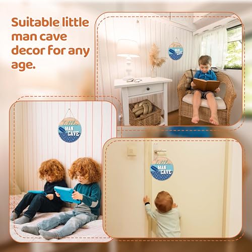 Image of Little Man Cave Sign for Boys, Baby Boy Nursery Decor, Toddler Kids Room Hockey Door Hanger, 10x10 Inch Wooden Round Wall Door Sign-D03