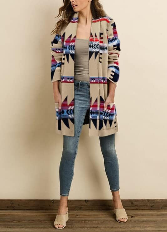 Women Boho Cardigan Aztec Open Front Long Sleeve Shawl Collar Sweater Coat - Image 3