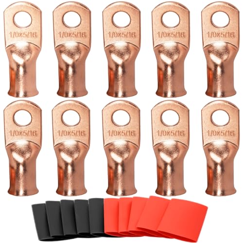 SVAAR 0 Gauge Copper Lugs - 1/0 AWG-5/16 Ring Terminals & Battery Cable Ends - 10PCS Heavy Duty Battery Terminal Connectors + 3:1 Heat Shrink Tube