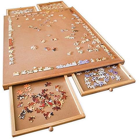 Bits and Pieces Puzzle Board with Drawers – 1000 Piece Jigsaw Puzzle Table Organizer 22.25"x 30" Wooden Smooth Non-Slip Surface Portable Sorting Trays Cover