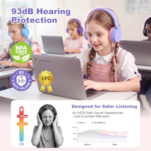 Image of AILIHEN I35 Kids Headphones for School with Mic, 93dB Safe Volume, Lilac | Wired On Ear Headphones for Kids Girls, Foldable Lightweight Headphone for Classroom Learning & Entertainment Travel Computer