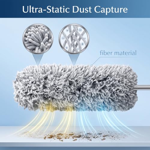 Image of Extendable Microfiber Duster for Ceiling Fans, 100 inch Long Telescoping Duster with Bendable Head, Cobweb Duster Cleaning Tool with Extension Pole for High Ceiling, Blinds, Furniture, Cars