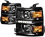 [Halogen Model] LED DRL Projector Headlight Lamps Assembly Compatible with Chevy Silverado 1500 2014-2015, Driver and Passenger Side, Black Housing Amber Corner