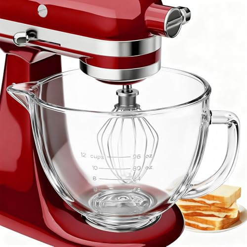 Double-layer Thickened Glass Mixer Bowl For Kitchenaid Tilt-Head Stand Mixers 4.5-5 Quart, 5Qt Mixing Bowl Replacement For Kitchenaid with Measurement Markings & Handle