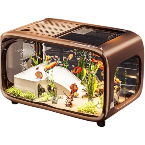 NYHGOXM アクリル製 小型水槽セット 蓋付き 軽奢華 透明 金魚/メダカ/ベタ/テトラ 飼育 リビング・玄関 インテリア水槽 観賞用 (高級モデル,ブラウン)