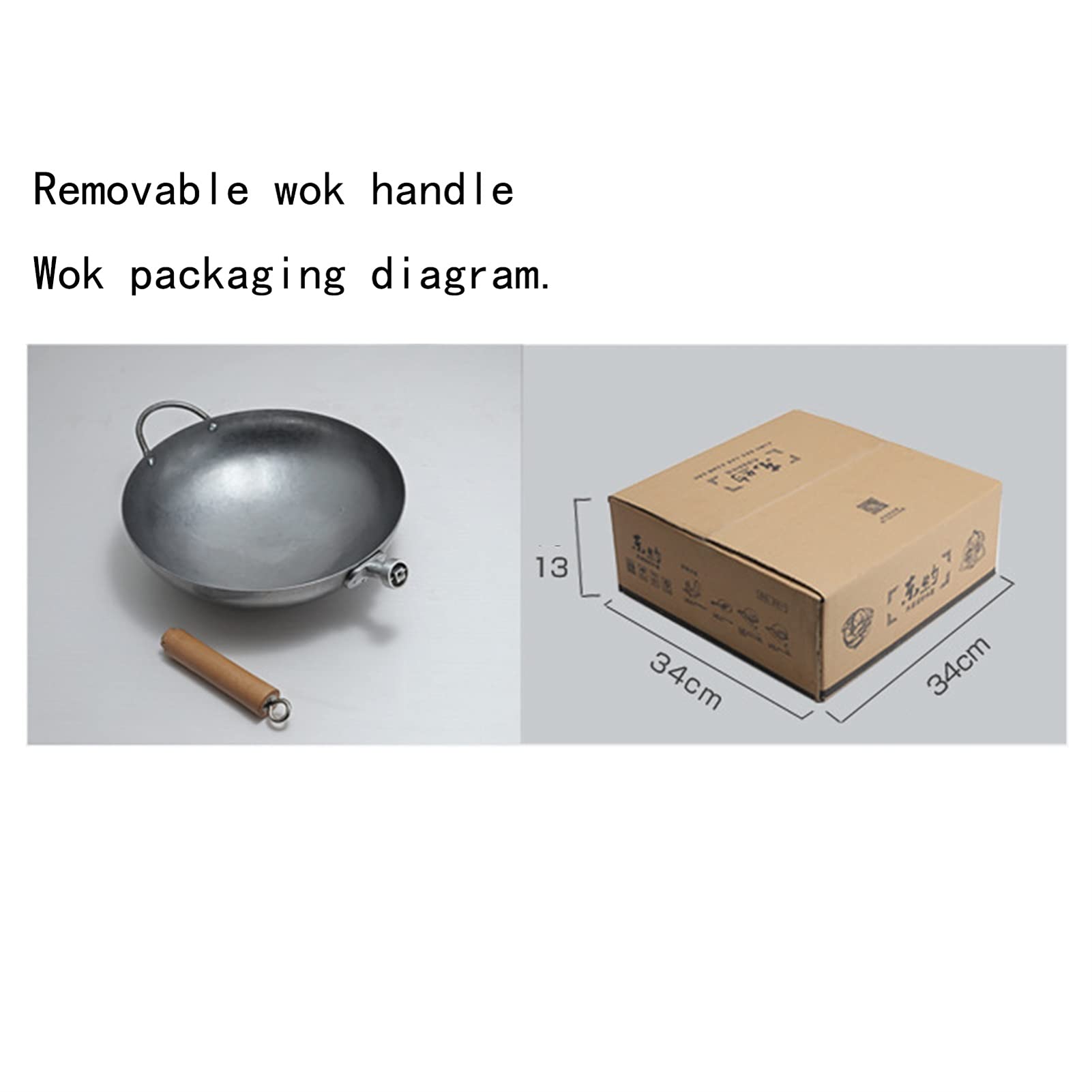 Craft Anti-aderente Wok Tradizionale Mano Martellato Acciaio al carbonio Pow Wok con Legno e acciaio Helper Handle (Fondo tondo) (Size : 34cm/13.3in)