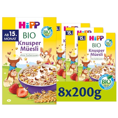 HiPP Biológico - Mi Primer Desayuno - Muesli Crunchy BIO - Pack 8 x 200gr - A Base de Cereales Integrales - Sin Azúcares Añadidos - Indicado para bebés desde los 15 meses