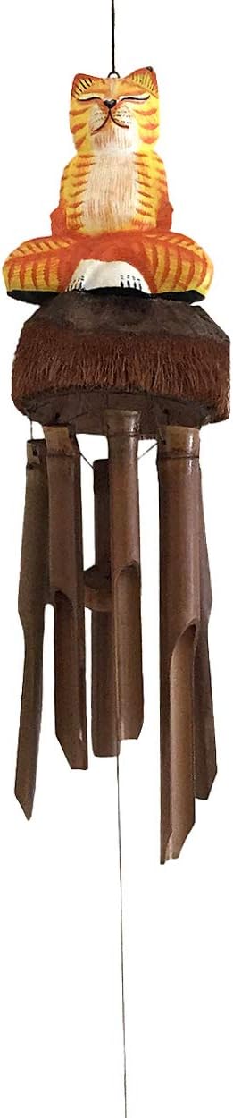 OMA Bamboo Wind Chime Indoor Outdoor Cat Shaped Windchime Hand Crafted Nice Sound Large Size (Tabby Cat)
