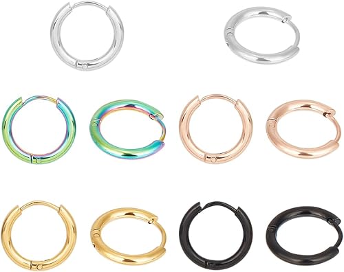 Miniatura 1 de UNICRAFTALE 5 pares de 5 colores de 0.394 in 304 de acero inoxidable para aretes de aro con bucles de metal con cierre de palanca de metal redondo,