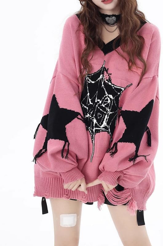 Star Sweater for Women Oversized Cute Fall Tops Goth V Neck Sweaters Preppy Winter Fashion Clothes - Image 3