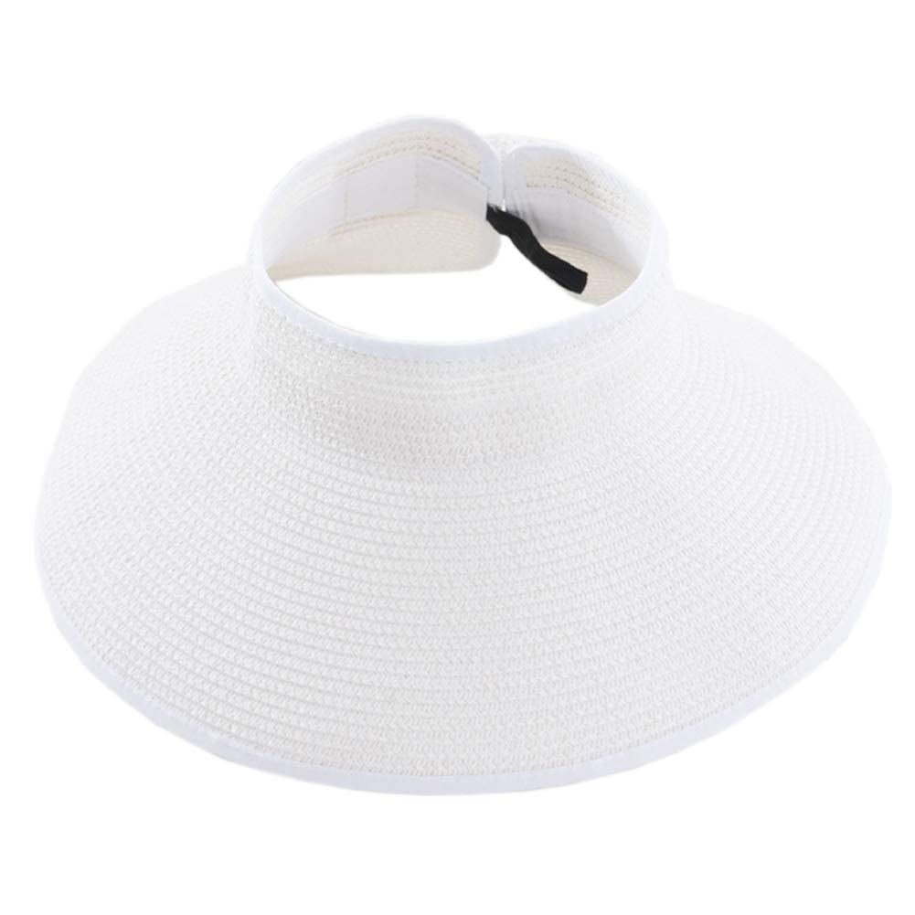 Ausuaya Women's White Foldable Sun Protection Straw Visor, Roll Up Wide Brim Packable Beach Hat With Ponytail Hole For Travel Gb- Sm01 (White)