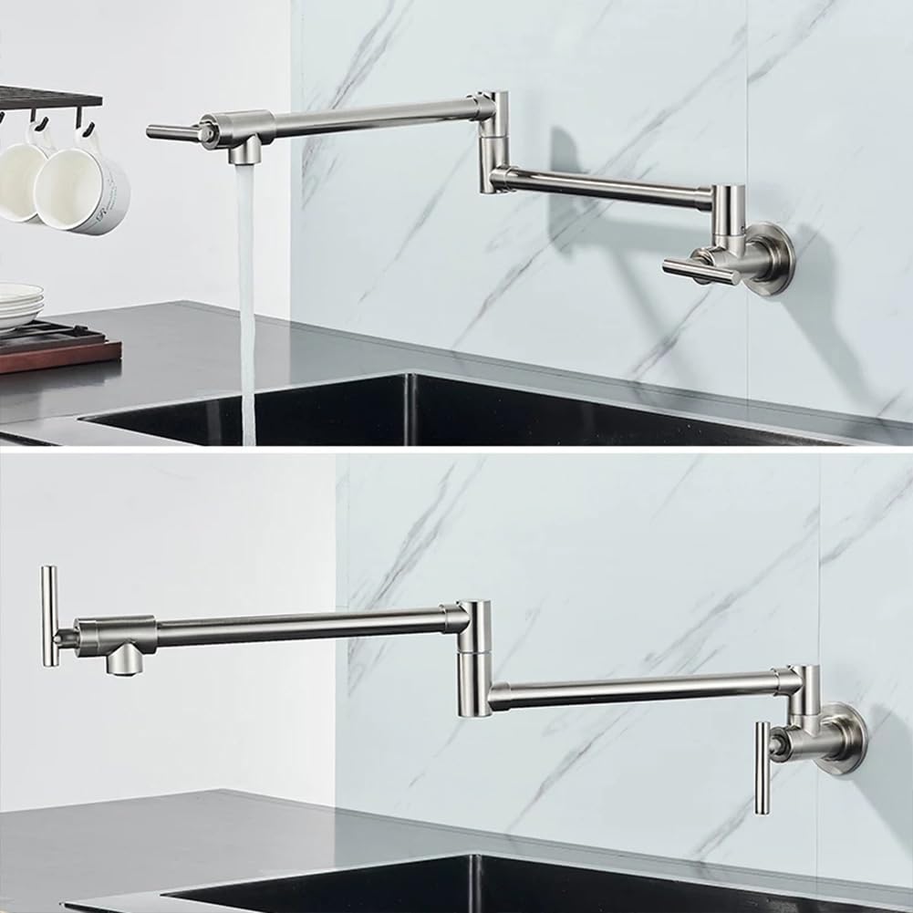 Grifo Cocina De Pared Grifo Cocina Fregadero, Solo Agua Fría, Llenado De Ollas, Latón Doble Mango Giratorio A 360° Plegable Griferia De Cocina, Cepillado
