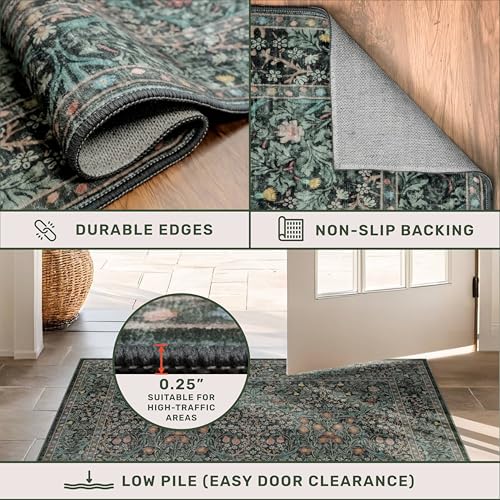 Image of Dark Green Washable Entry Rug - Front Door Throw Rugs Indoor, Non-Slip Bathroom Small Rugs, Vintage Floral Thin Rug for Kitchen, Boho Entryway Decor (2x3 Dark Green)