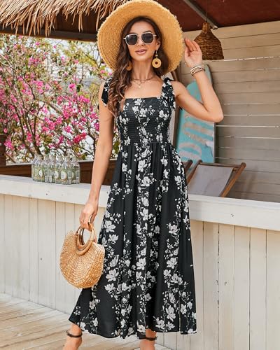 Image of BROVAVE Women Summer Floral Dress: Casual Square Neck Flowy Boho Beach Midi Sundress Sleeveless Tie Shoulder Vacation Daily