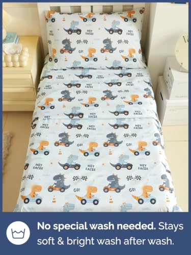 Image of Kids Twin Size Dinosaur Bed Sheets - 3 Piece Kids Dinosaur Sheet Set - Speedy Racecar Bedding - Ultra-Soft, Cute & Cozy - Breathable & Machine Washable - Dino Bed Set for Boys, Girls, Teens & Toddlers