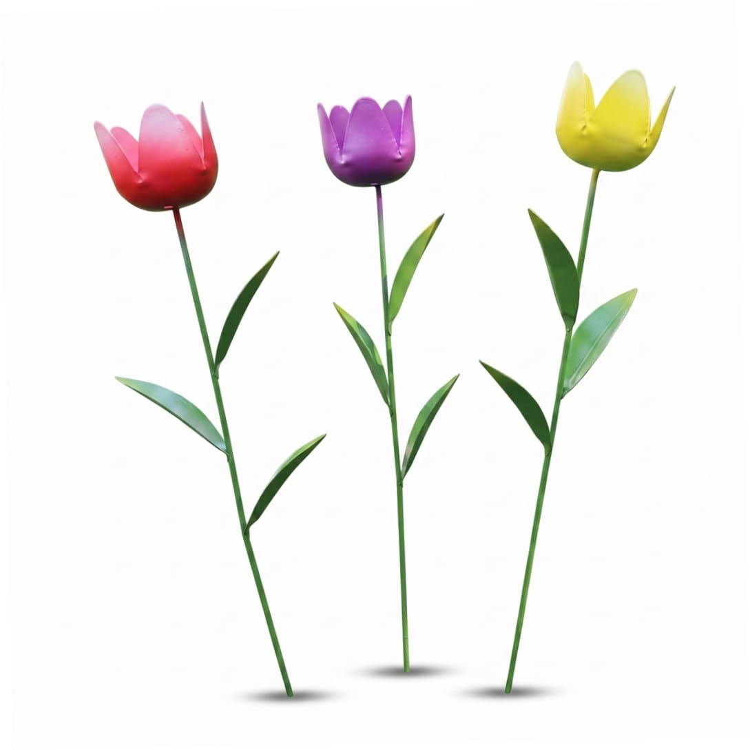 Perodlly Flower Garden Stakes, 3 Pack Metal Flower Garden Stakes Realistic Artificial Tulips Decorative for Outdoor Yard, Lawn & Patio.