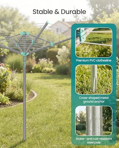 SONGMICS Umbrella Drying Rack, Rotary Washing Line, Foldable Heavy-Duty Outdoor Clothes Drying Rack with Clips, Cover, Ground Anchor, 164 ft (50 m) Long for 5 Loads of Laundry, Silver ULLR307EZ01 - 3